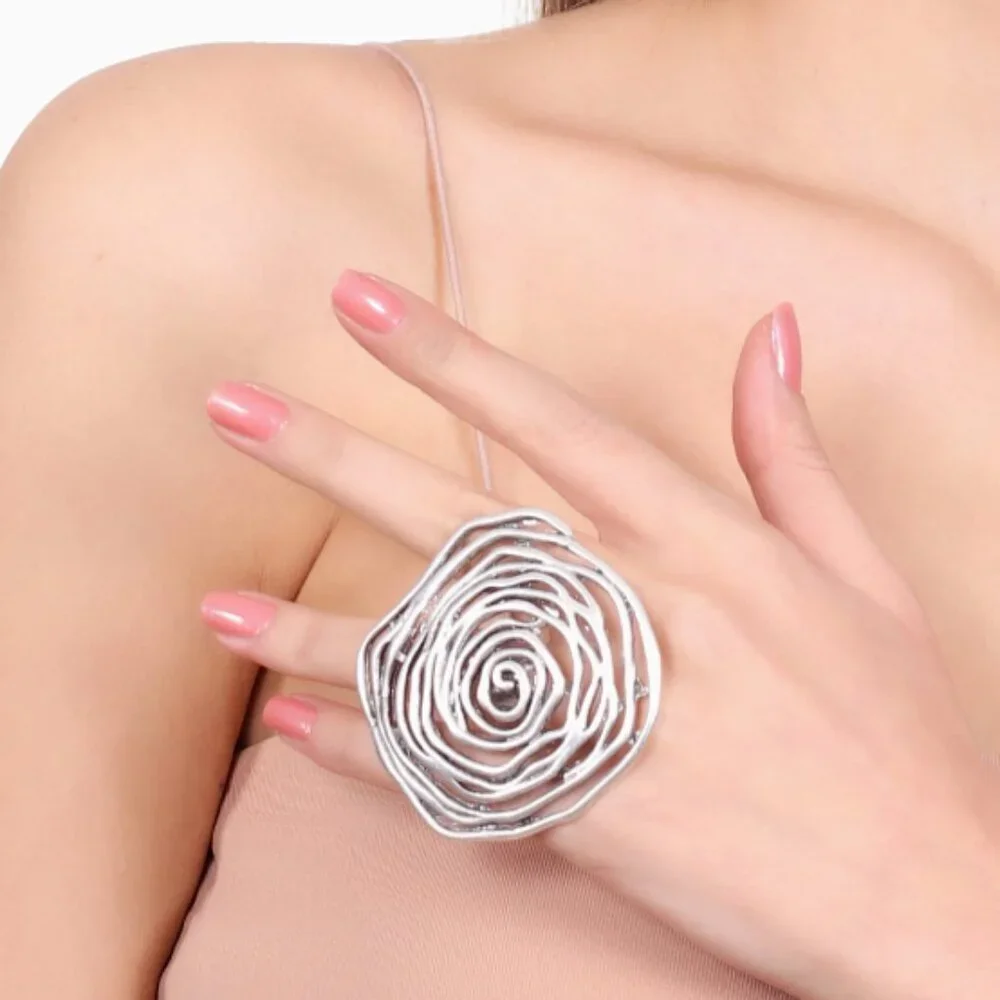 Oversized Brutalist Statement Ring – Adjustable Ring Size, Stylized Floral Rose - Picture 9 of 11